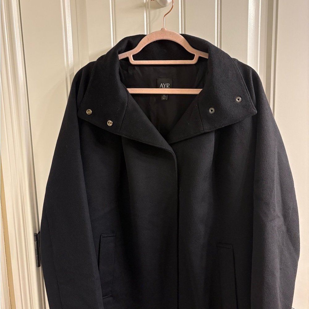 AYR Black Funnel Neck Wool Long Dress Coat XL Measurements Classic Style - Picture 15 of 15